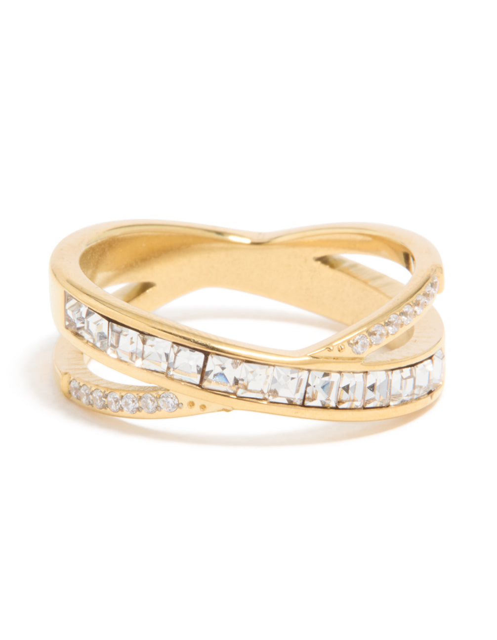 Elegant waterproof gold plated stainless steel diamante cross over ring with clear gemstone accents close up view