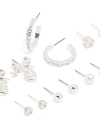 Silver Diamante & Bow Heart Earrings 7-Pack - link has visual effect only