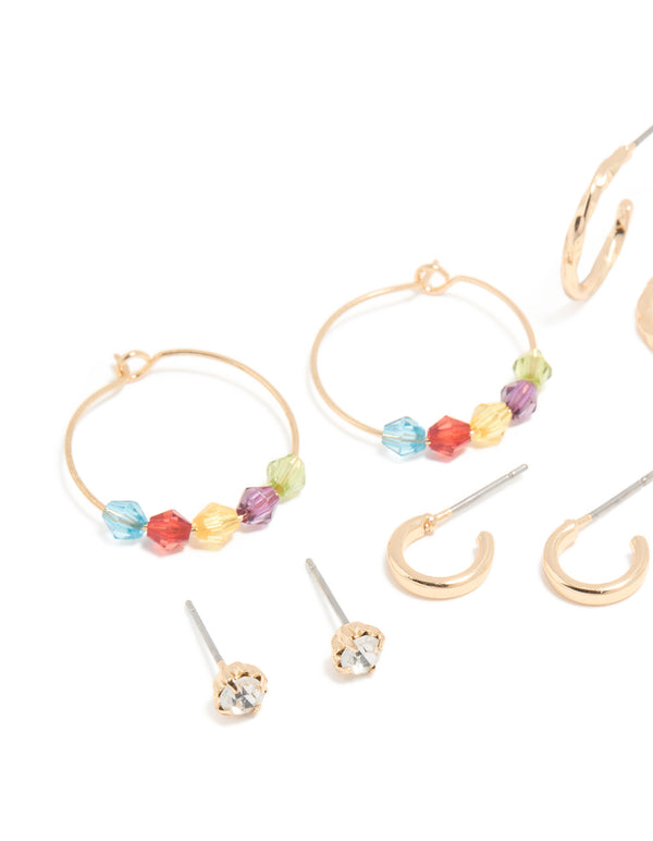 Gold Multicoloured Diamante Stud & Hoop Earrings 7-Pack