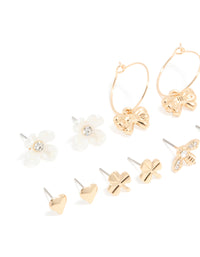 Gold White Pearlised Flower & Bee Earrings 8-Pack - link has visual effect only