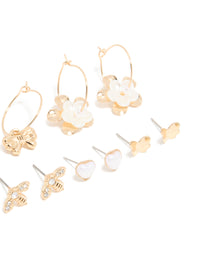 Gold White Pearlised Flower & Bee Earrings 8-Pack - link has visual effect only