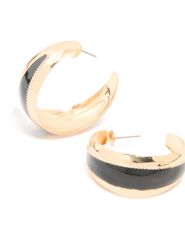Gold Textured Black Tapered Centre Hoop Earrings