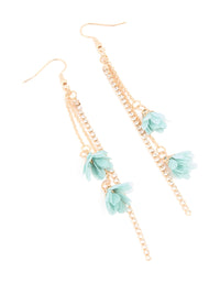 Gold Diamante Cup Chain Blue Mesh Flower Drop Earrings - link has visual effect only