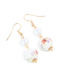 Gold Pearl Pink & Purple China Painted Flowers Drop Earrings - link has visual effect only