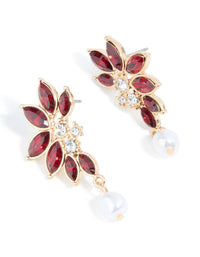 Gold Red Diamante Pearl Marquise Stud Earrings - link has visual effect only