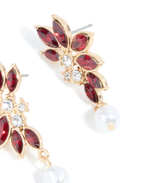 Gold Red Diamante Pearl Marquise Stud Earrings - link has visual effect only