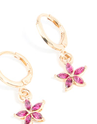 Gold Red Diamante Flower Huggie Earrings - link has visual effect only