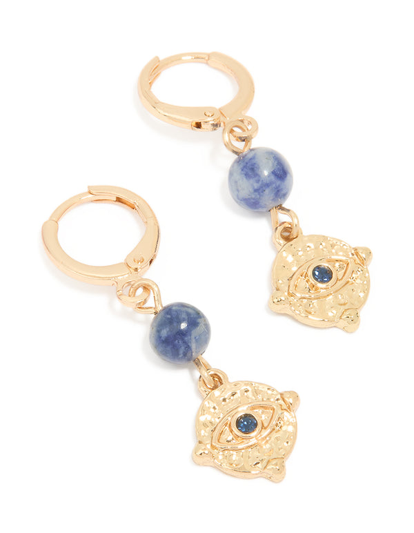 Gold Blue Marble Evil Eye Huggie Earrings