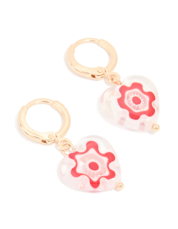 Gold Pink & White Painted Heart Huggie Earrings