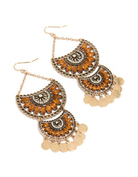 Antique Gold Orange Diamante Statement Coin Drop Earrings - link has visual effect only