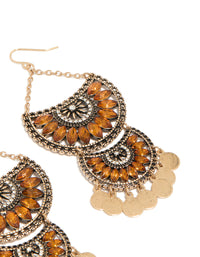 Antique Gold Orange Diamante Statement Coin Drop Earrings - link has visual effect only