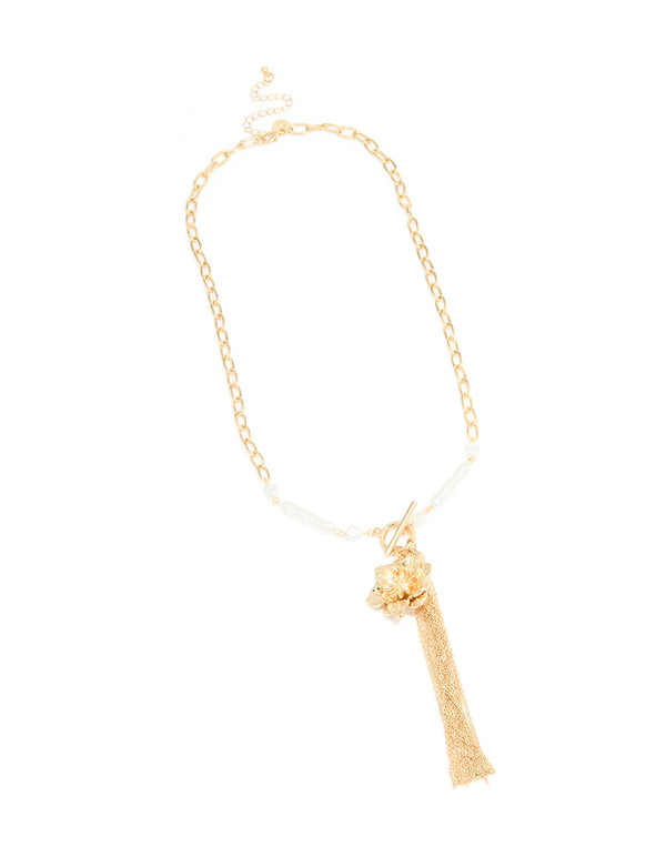 Gold Pearl Flower Tassel Long Necklace