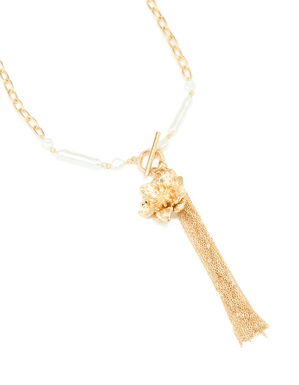Gold Pearl Flower Tassel Long Necklace