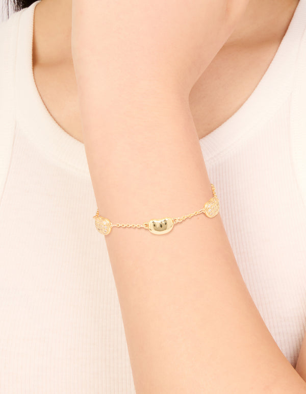 Gold Plated Brass Cubic Zirconia Pebble Charm Bracelet