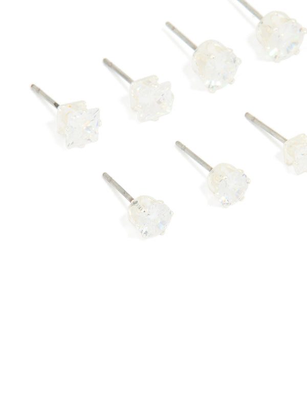 Silver Multi-Shape Cubic Zirconia Stud Earrings 6-Pack