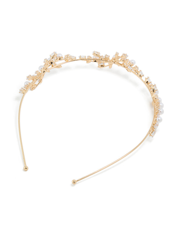 Gold Cubic Zirconia Vine & Pearl Headband