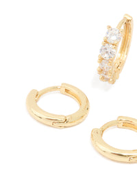 Gold Plated Brass Cubic Zirconia Baguette & Smooth Mini Huggie Earrings Pack - link has visual effect only