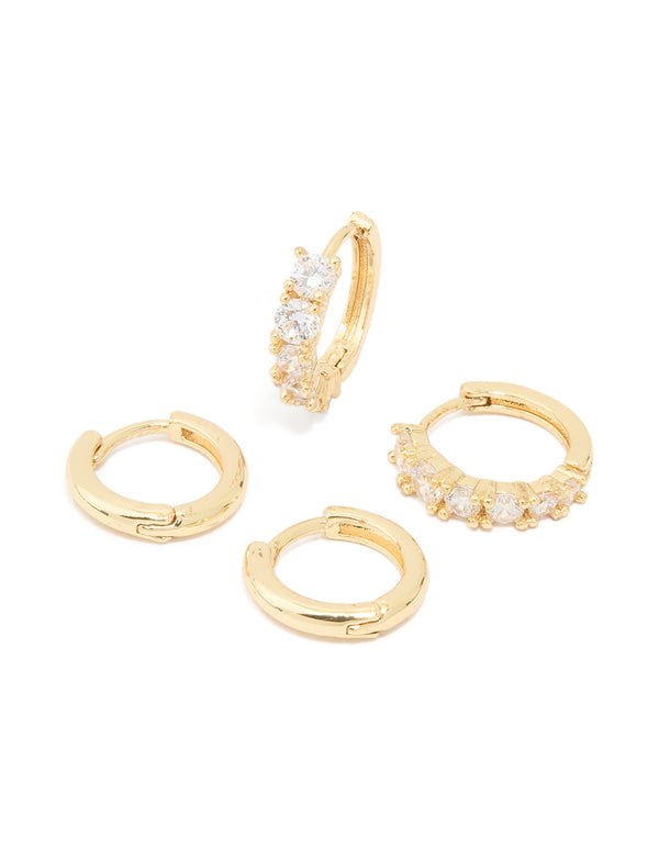 Gold Plated Brass Cubic Zirconia Baguette & Smooth Mini Huggie Earrings Pack