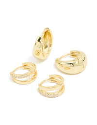 Gold Plated Brass Cubic Zirconia & Smooth Huggie Earrings 2-Pack - link has visual effect only