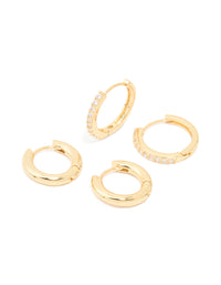 Gold Plated Brass Cubic Zirconia Thin Medium Huggie Earrings Pack - link has visual effect only