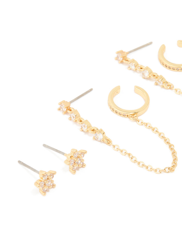 Gold Plated Brass Cubic Zirconia Stud & Chain Earrings 3-Pack