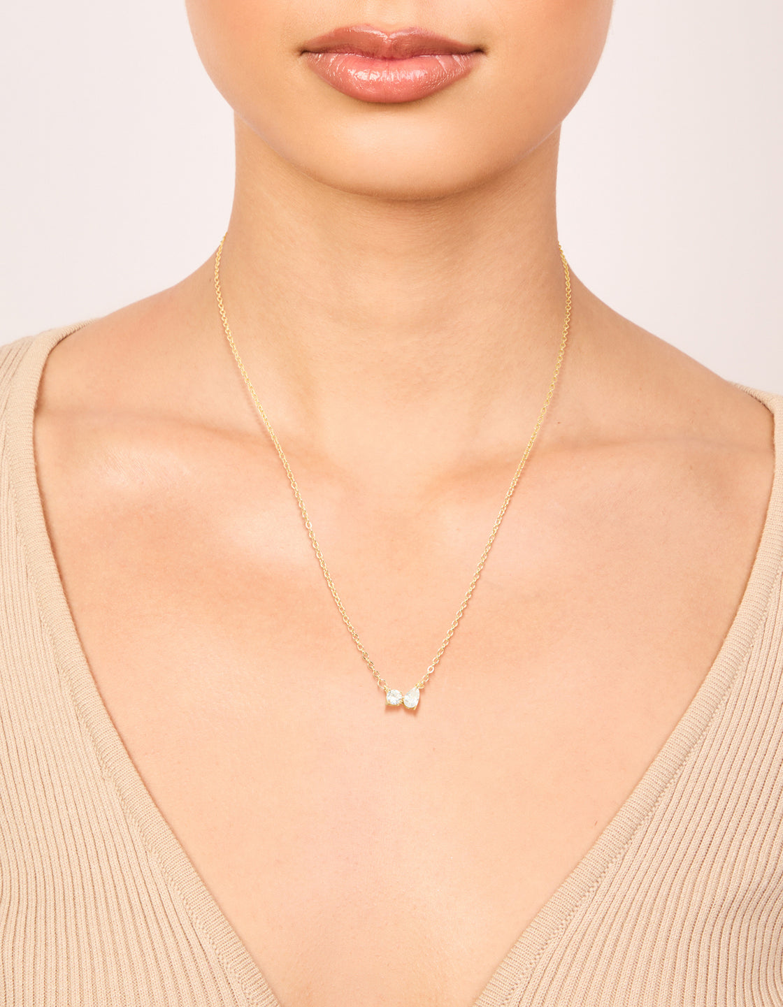 Gold Plated Brass Cubic Zirconia Mini Double Round Pendant Necklace