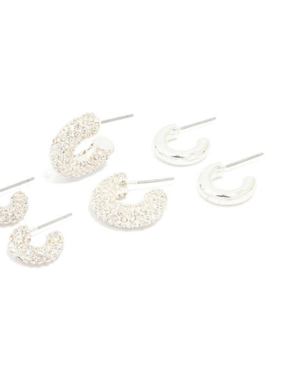 Silver Diamante & Polished Hoop Earrings 4-Pack