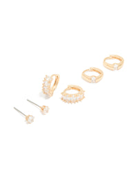 Gold Cubic Zirconia Hoop & Stud Earrings 3-Pack - link has visual effect only