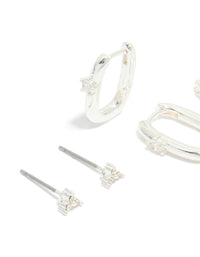 Silver Cubic Zirconia Rectangle Hoop & Stud Earrings 3-Pack - link has visual effect only