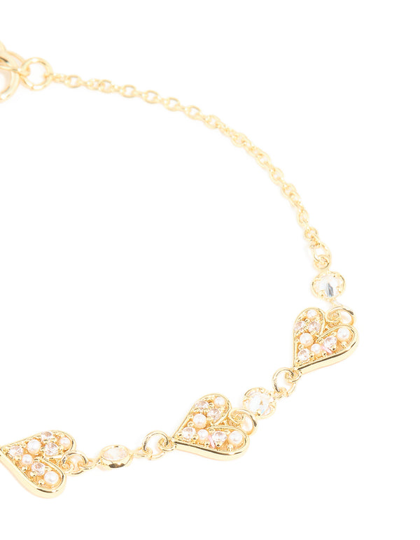 Gold Plated Cubic Zirconia & Pearl Heart Bracelet