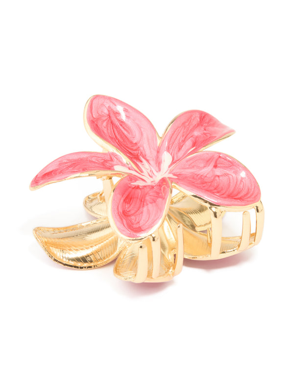 Gold Pink Enamel Frangipani Flower Claw Clip
