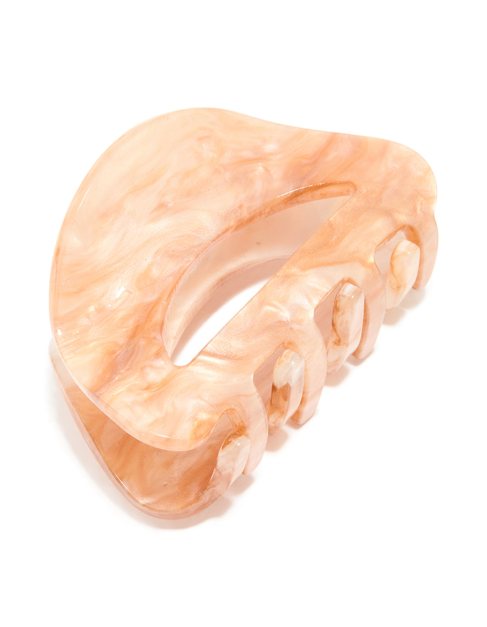 Beautifully crafted marbled acrylic curved mini claw clips in 2-pack with peachpuff, tan, and dim grey accessories detail view