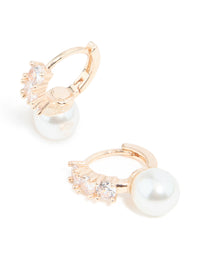 Rose Gold Plated Cubic Zirconia Pearl Drop Huggie Earrings - link has visual effect only
