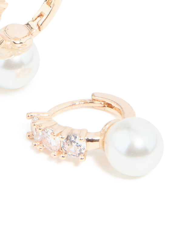 Rose Gold Plated Cubic Zirconia Pearl Drop Huggie Earrings