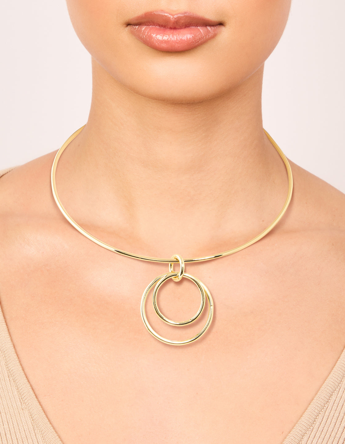 Gold Plated Collar Double Oval Pendant Necklace