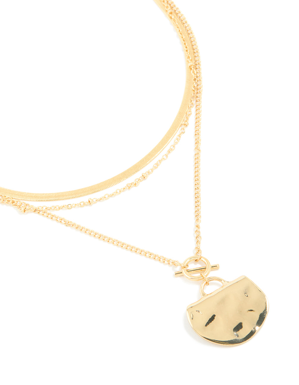 Gold Plated Chain & Hammered Circle Layered Necklace
