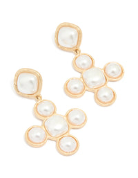 Worn Gold Pearl Cross Drop Earrings - link has visual effect only