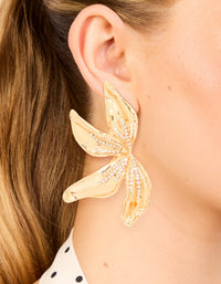 Gold Diamante Big Petal Floral Stud Earrings - link has visual effect only