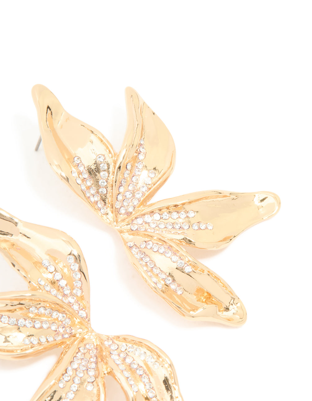 Gold Diamante Big Petal Floral Stud Earrings