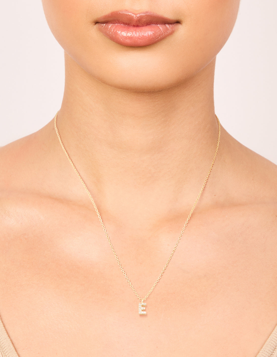 Gold Plated Brass Cubic Zirconia Letter E Necklace