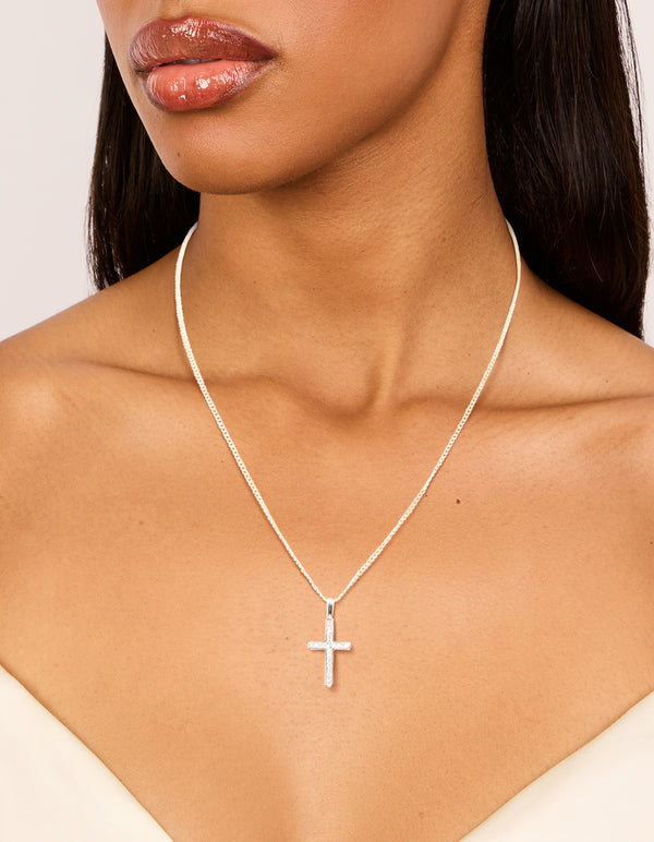 Silver Plated Cubic Zirconia Cross Pendant Necklace