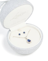 Silver Sapphire Cubic Zirconia Teardrop Pendant Necklace & Earrings Set - link has visual effect only