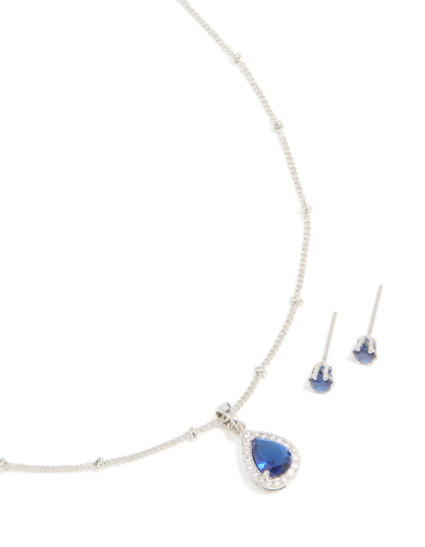 Silver Sapphire Cubic Zirconia Teardrop Pendant Necklace & Earrings Set