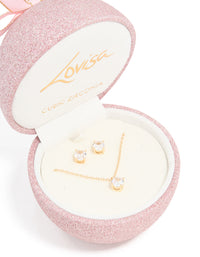 Gold Cubic Zirconia Round Pendant Necklace & Earrings Set - link has visual effect only