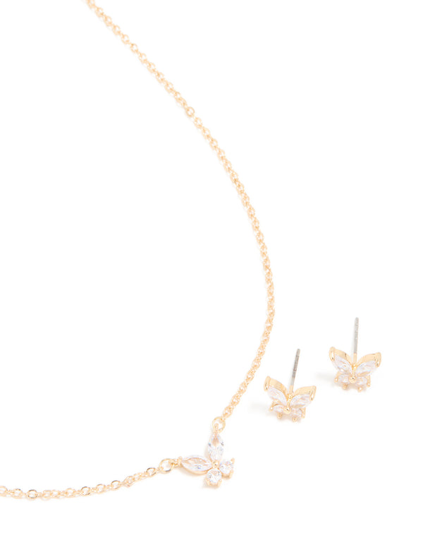 Gold Cubic Zirconia Butterfly Necklace & Earrings Set