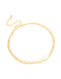 Gold Plated Freshwater Pearl Chain Layered Bracelet - link has visual effect only