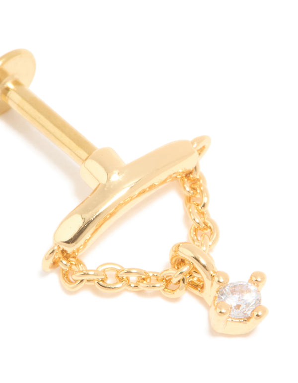 Gold Plated Surgical Steel Cubic Zirconia Chain Single Flat Back Stud