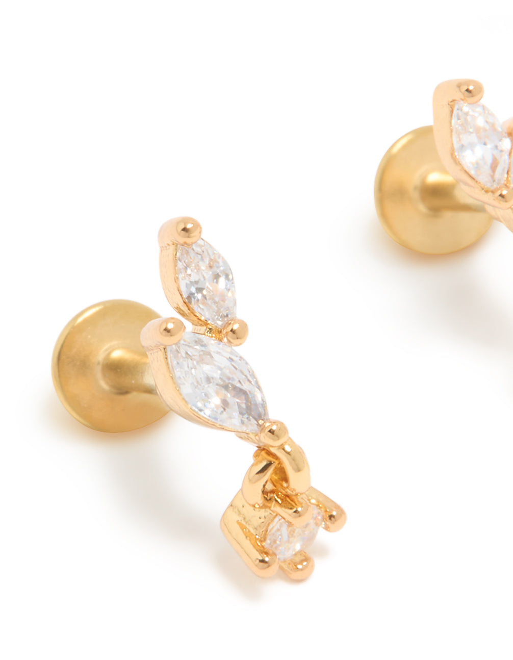 Gold Plated Surgical Steel Cubic Zirconia Leaf Drop Flat Back Studs