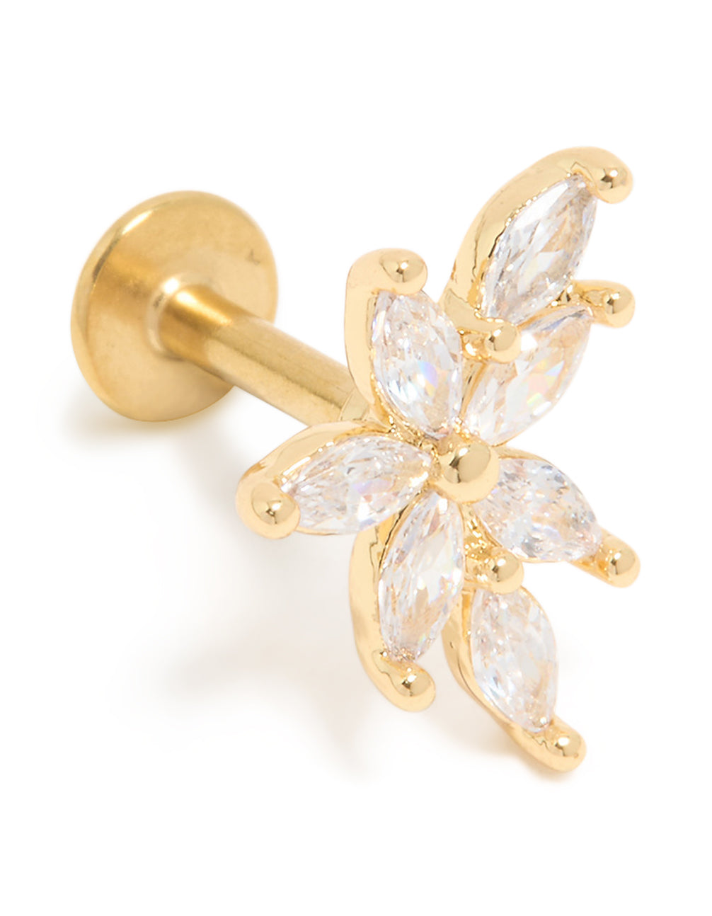 Gold Plated Surgical Steel Cubic Zirconia Flower Single Flat Back Stud