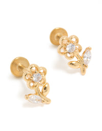 Gold Plated Surgical Steel Cubic Zirconia Flower Stem Flat Back Studs - link has visual effect only